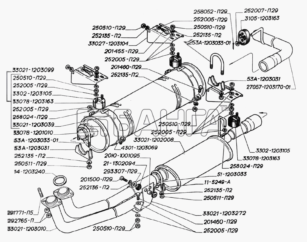 ГАЗ ГАЗ-2705 (дв. УМЗ-4215) Схема Глушитель резонатор трубы и подвеска